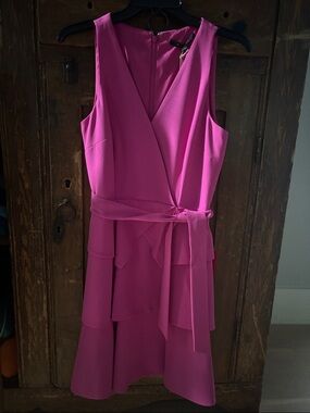 Fuchsia Sleeveless Wrap-Style Tiered Midi Dress with Self-Tie Waist